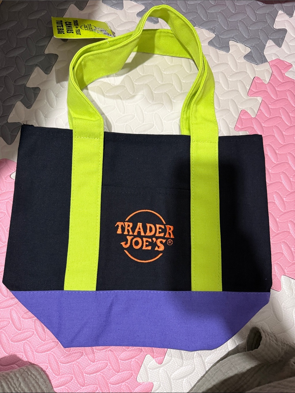 Trader Joe's Women's Colorblock Canvas  mini Tote Bag in Black, Purple & Lime